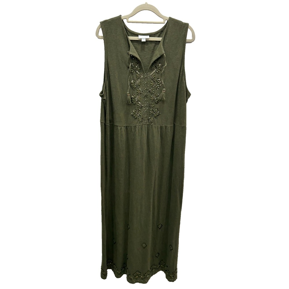 J. Jill Dress Womens Large Olive Green Cotton Embellished Tassel Boho Midi Dress